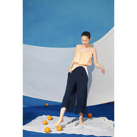 【雀】藏青撞色拼接波浪下摆遮肉高腰九分阔腿裤/000101