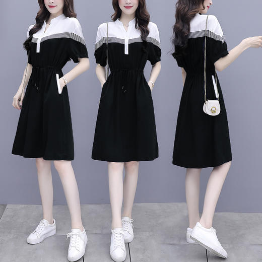 夏季新款显瘦休闲连衣裙,时尚宽松女收腰拼接撞色A字中长卫衣连衣裙 HT-YXF1266 商品图0