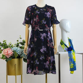 FOCALS福柯斯女装夏季新款圆领轻熟半袖收腰a字连衣裙2YBX258BZ