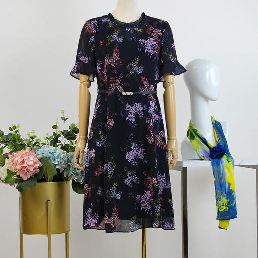 FOCALS福柯斯女装夏季新款圆领轻熟半袖收腰a字连衣裙2YBX258BZ 商品图0