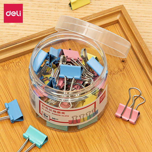 得力8555-5#彩色长尾票夹19mm(筒装)(混)(40只/筒) 商品图0
