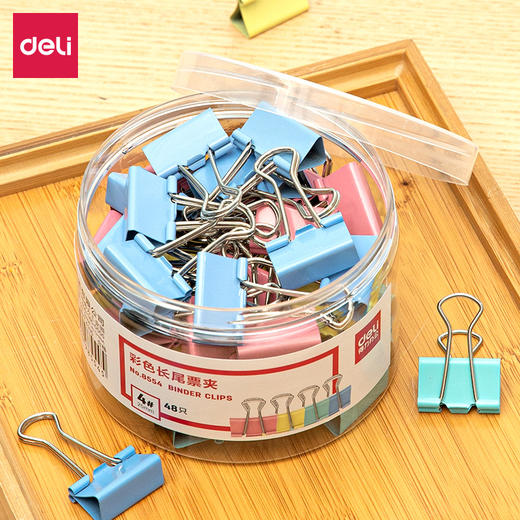得力8554彩色长尾票夹25mm筒装(混)(48只/筒) 商品图0
