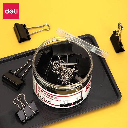 得力8562-2#黑色长尾票夹41mm(筒装)(黑)(24只/筒) 商品图0