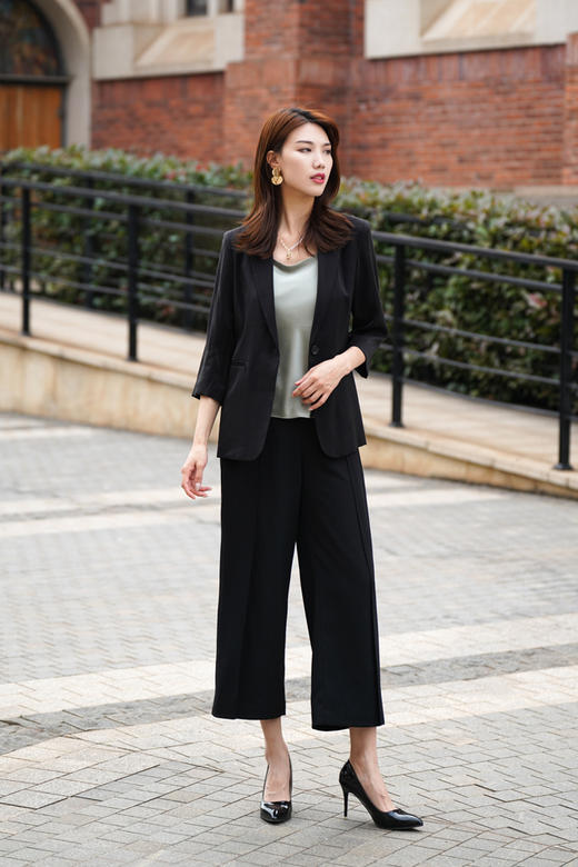 L2臣禾松紧腰黑色【拼接雪纺】设计感休闲裤9212065276（现货） 商品图9