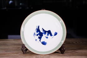 影青刻花边青花鲑鱼盘