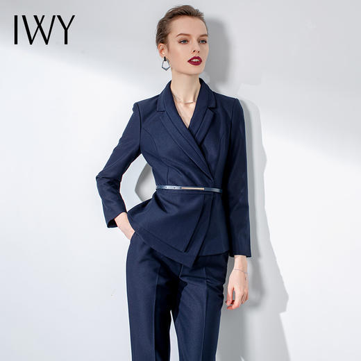 IWY/藏青色西装套裤长袖气质系带职业装高端设计感商务正装女套装C1112+P1110 商品图1