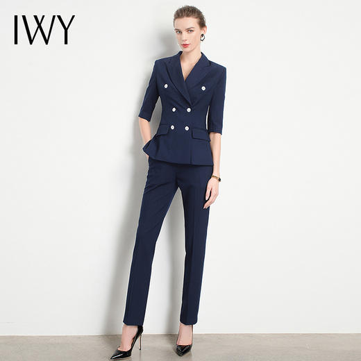 IWY/藏青色短袖西服套装女职业装慵懒风休闲气场商务双排扣时尚OLCP13215 商品图2