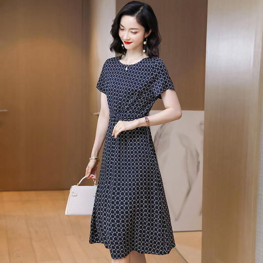 上海旗袍厂ASE-9116真丝连衣裙夏款新款格纹短袖长款收腰显瘦气质桑蚕丝 商品图1