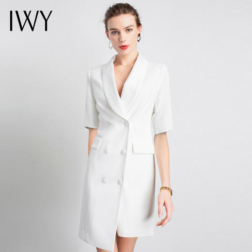 IWY/白色短袖职业连衣团队经理OL工服高端气质端庄双排扣时尚休闲Q11230-W 商品图0