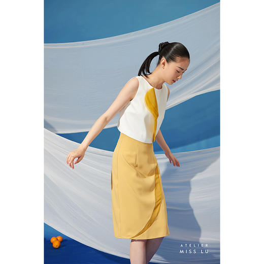 【星月叶】少女感弧形细叶拼纱云雀黄高腰半裙/000100A 商品图2