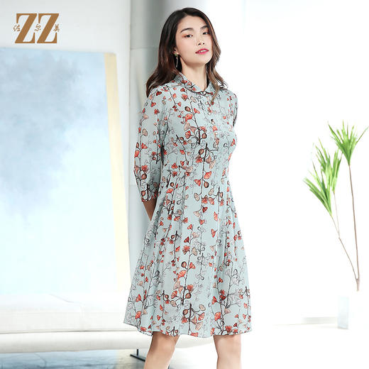 佐尔美商场同款气质通勤真丝中袖宽松小碎花桑蚕丝连衣裙E12LS22 商品图0