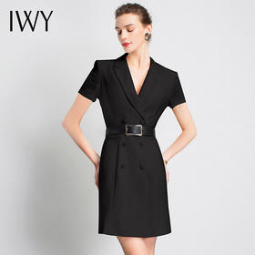 IWY/黑色短袖职业连衣裙主持人御姐大气时尚V领休闲总裁气质olQ12096B