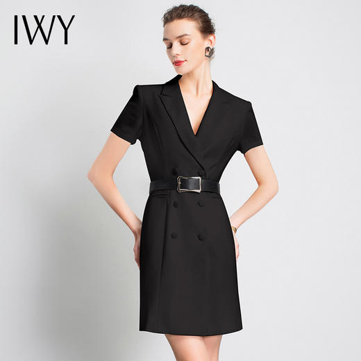 IWY/黑色短袖职业连衣裙主持人御姐大气时尚V领休闲总裁气质olQ12096B 商品图0