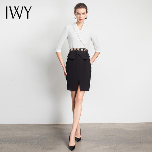 IWY/黑白拼色假两件连衣裙职业装西服设计感干练时尚休闲包裙商务
Q11233-W 商品图2
