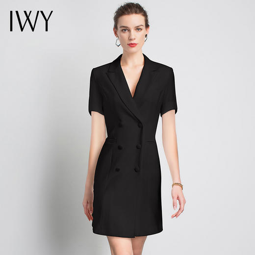 IWY/黑色短袖职业连衣裙主持人御姐大气时尚V领休闲总裁气质olQ12096B 商品图4