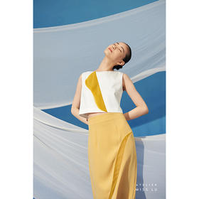 【星月叶】少女感弧形细叶拼纱云雀黄高腰半裙/000100A