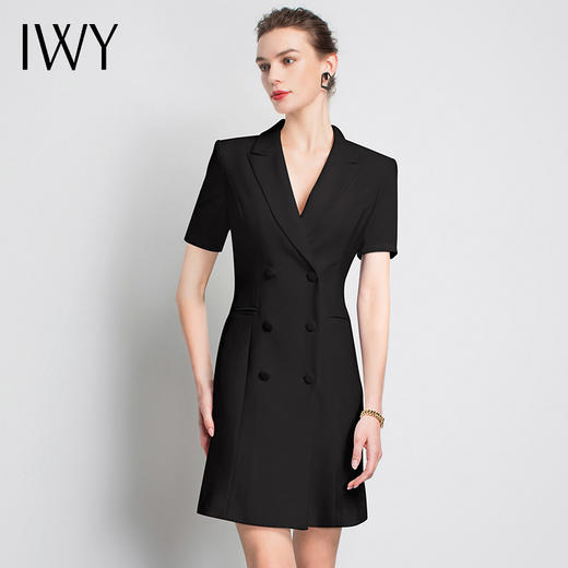 IWY/黑色短袖职业连衣裙主持人御姐大气时尚V领休闲总裁气质olQ12096B 商品图1