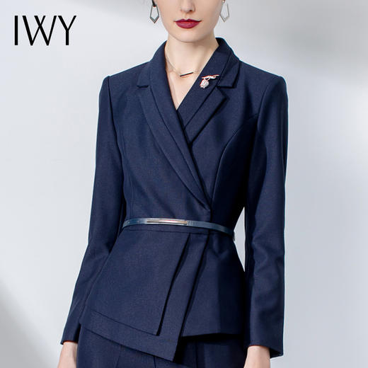 IWY/藏青色西装套裤长袖气质系带职业装高端设计感商务正装女套装C1112+P1110 商品图4