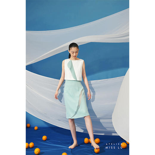 【星月叶】少女感弧形细叶拼纱薄荷绿高腰半裙/000100 商品图1