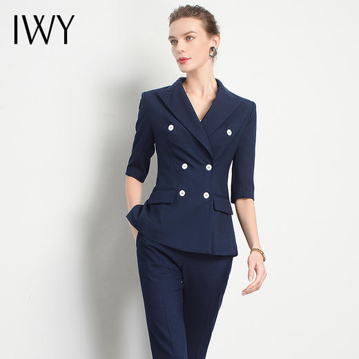 IWY/藏青色短袖西服套装女职业装慵懒风休闲气场商务双排扣时尚OLCP13215 商品图1