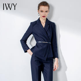 IWY/藏青色西装套裤长袖气质系带职业装高端设计感商务正装女套装C1112+P1110