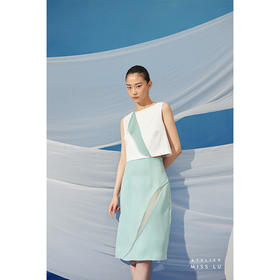 【星月叶】少女感弧形细叶拼纱薄荷绿高腰半裙/000100