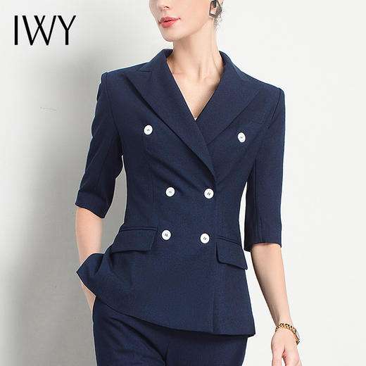 IWY/藏青色短袖西服套装女职业装慵懒风休闲气场商务双排扣时尚OLCP13215 商品图4