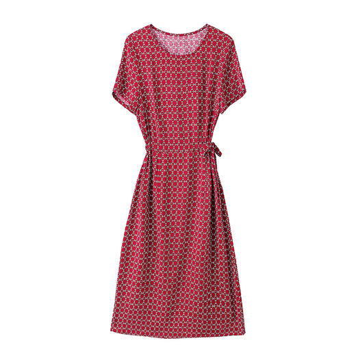 上海旗袍厂ASE-9116真丝连衣裙夏款新款格纹短袖长款收腰显瘦气质桑蚕丝 商品图5