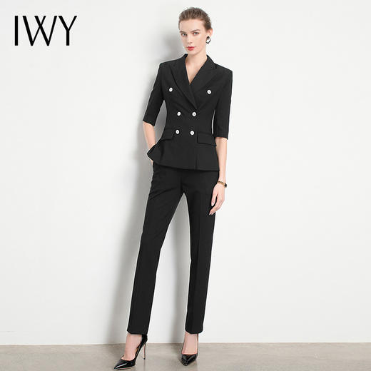 IWY/黑色职业套装裤女ol短袖西装时装款复古高级端庄气质面试C11231B+P10409B 商品图2
