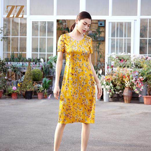 佐尔美商场同款圆领优雅桑蚕丝宽松碎花真丝连衣裙E12LS26 商品图0
