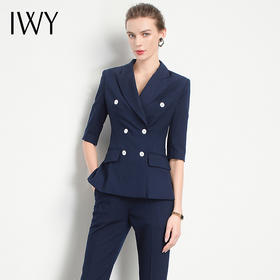 IWY/藏青色短袖西服套装女职业装慵懒风休闲气场商务双排扣时尚OLCP13215