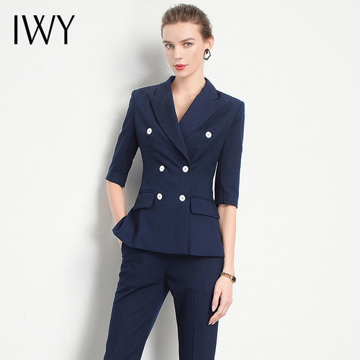 IWY/藏青色短袖西服套装女职业装慵懒风休闲气场商务双排扣时尚OLCP13215 商品图0