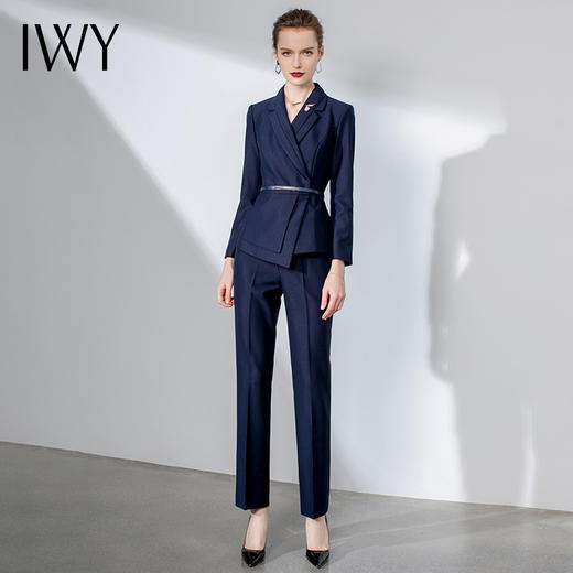 IWY/藏青色西装套裤长袖气质系带职业装高端设计感商务正装女套装C1112+P1110 商品图2