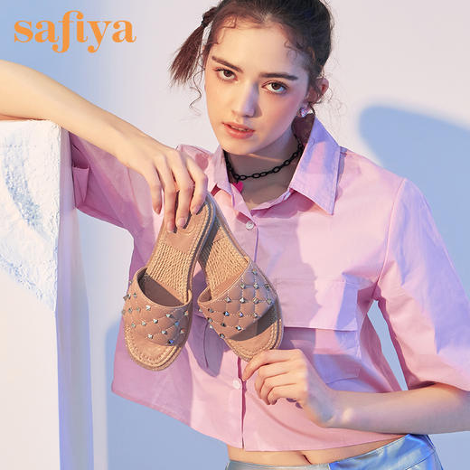 Safiya索菲娅方格铆钉平底拖鞋女2021夏季时尚外穿拖SF12110021 商品图1