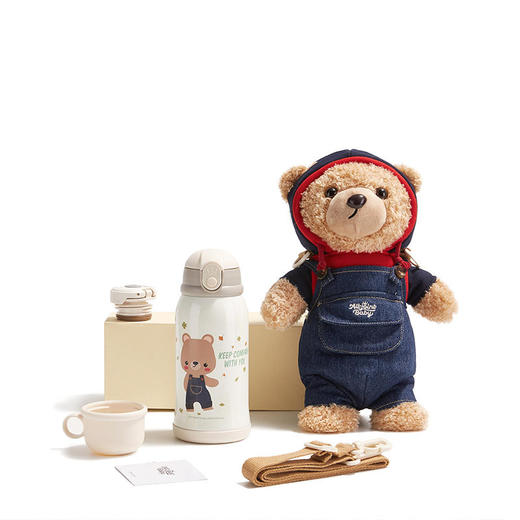 ALL-JOINT优仅大容量儿童公仔熊斜挎保温杯可爱水杯带吸管杯子带杯套 商品图0