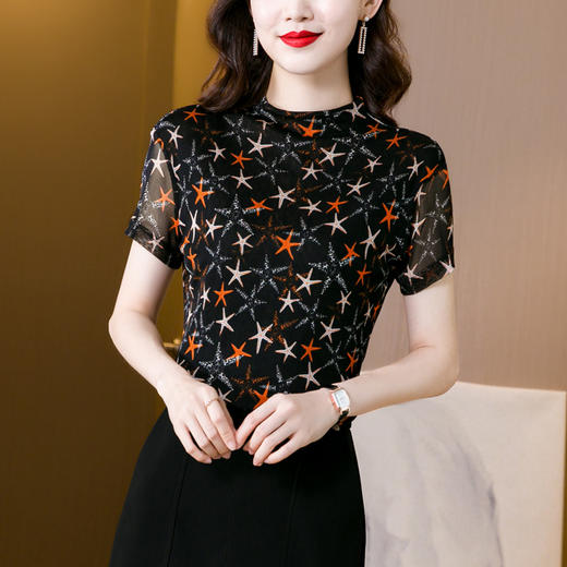 半高领仿真丝短袖T恤女网眼弹力中国风印花上衣 YX5829 商品图1