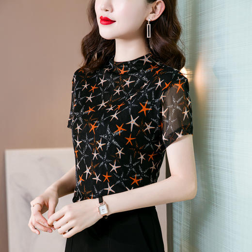 半高领仿真丝短袖T恤女网眼弹力中国风印花上衣 YX5829 商品图3