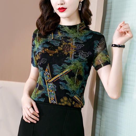 半高领仿真丝短袖T恤女网眼弹力中国风印花上衣 YX5829 商品图2