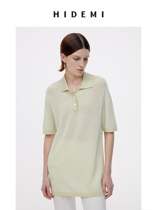 HIDEMI冰茶绿超薄天丝针织镂空感polo短袖 商品图0