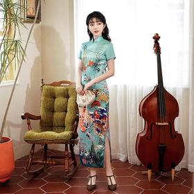 BJS3102新款中国风优雅气质修身立领短袖长款印花旗袍