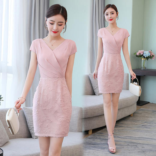 XP-YBX5888新款时尚优雅气质修身V领短袖雪纺拼接包臀一步裙 商品图2