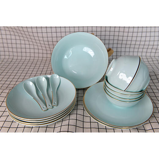 鲁玉陶瓷餐具组合套装家用碗碟盘子金边青色19头 商品图0