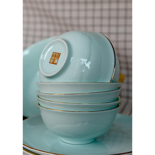 鲁玉陶瓷餐具组合套装家用碗碟盘子金边青色19头 商品图2