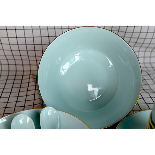 鲁玉陶瓷餐具组合套装家用碗碟盘子金边青色19头 商品图4