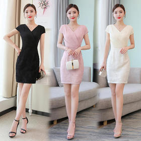 XP-YBX5888新款时尚优雅气质修身V领短袖雪纺拼接包臀一步裙