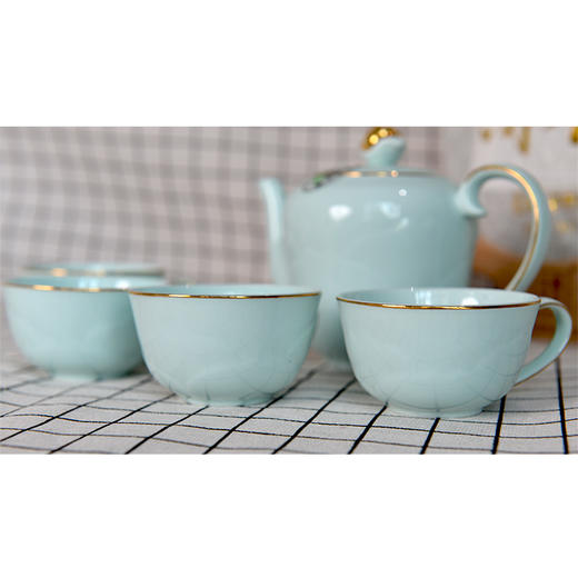 鲁玉陶瓷茶具组合套装高档金边青色5头茶具 商品图2