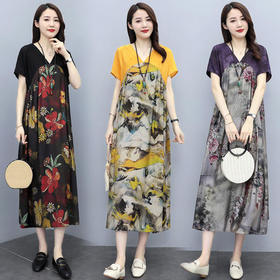 HR YZCB818时尚优雅气质宽松拼接印花连衣裙