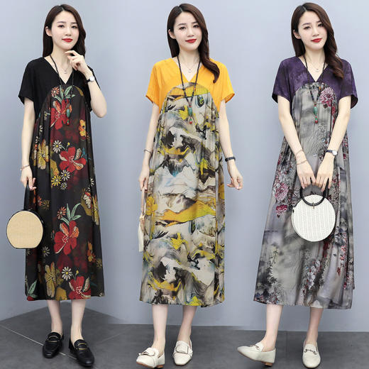 HR YZCB818时尚优雅气质宽松拼接印花连衣裙 商品图0