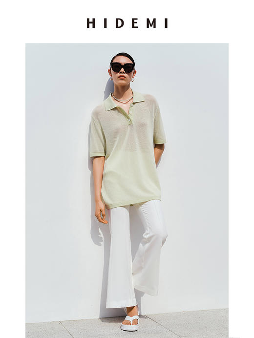 HIDEMI冰茶绿超薄天丝针织镂空感polo短袖 商品图2