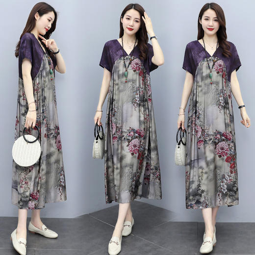 HR YZCB818时尚优雅气质宽松拼接印花连衣裙 商品图3
